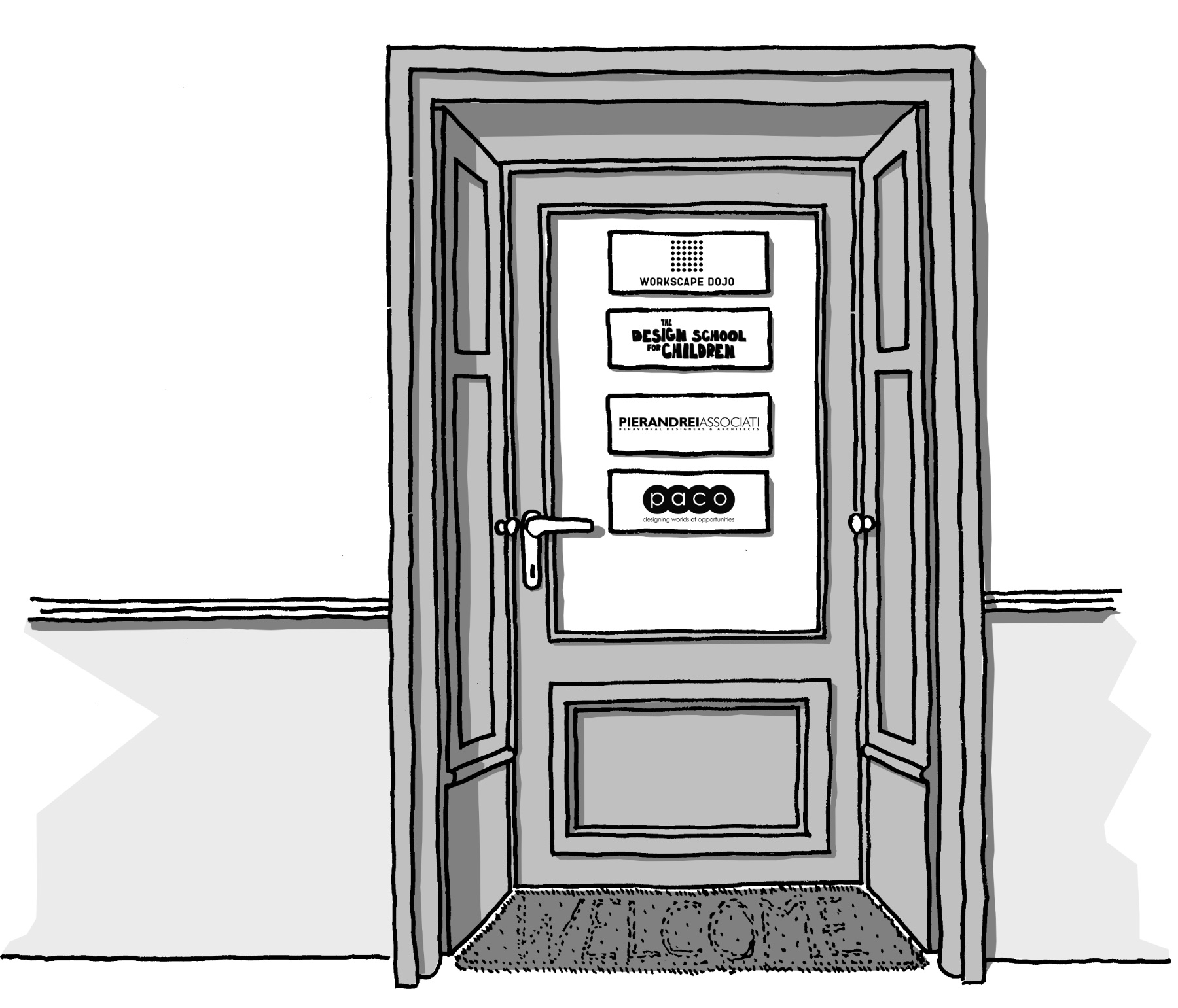 Disegno a mano della porta d’ingresso di PACOlab, con le insegne di Workscape Dojo, The Design School for Children, Pierandrei Associati e Paco Design Collaborative affisse sul vetro e uno zerbino con la scritta Welcome